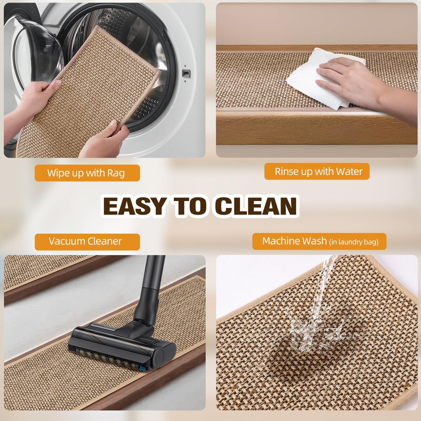 Deerly Linen Stair Treads Non Slip 15pcs Stair Runner for Wooden Steps Peel and Stick Carpet Treads Indoor Staircase Covers Mat with Self-Adhesive Backing for Pets and Kids 8"X30" Beige
