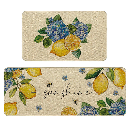 Tikeciti Summer Lemon Kitchen Mats Set of 2, Almafi Italy Blue Hydrangea Kitchen Rugs Sunshine Bee Floor Rug Non-Slip Low Profile Mat Seasonal Farmhouse Home Decor 17x29 and 17x47 Inch