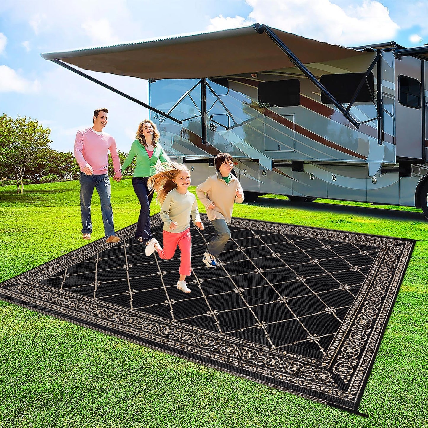 HiiARug Outdoor Rug 8'x10' for Patios Waterproof Patio Rugs Outdoor Mats for Front Porch,Beach Mat,Reversible Plastic Straw Camping Rugs for Outside RV,Deck,Balcony,Backyard，Black&Beige