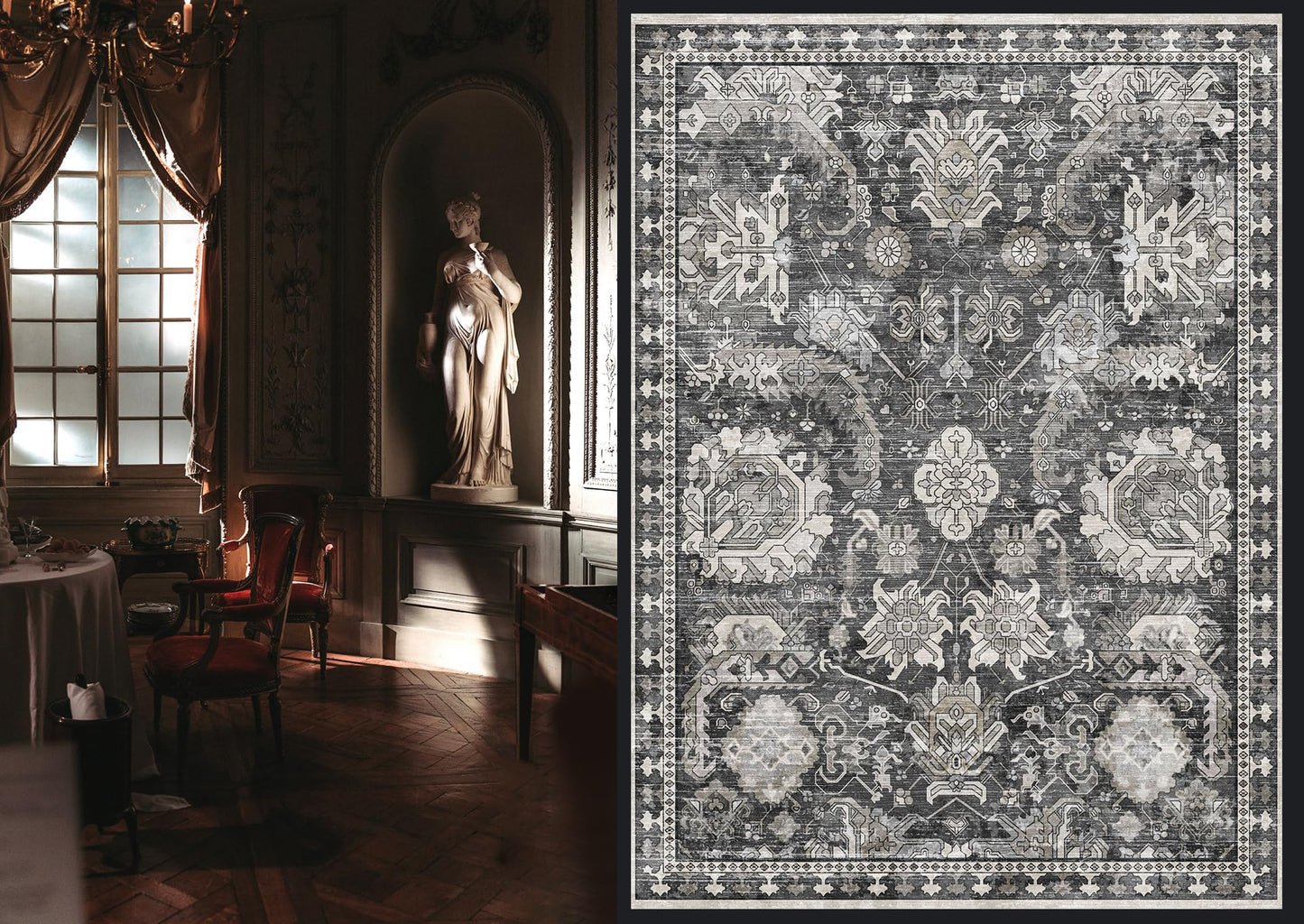 RUGSURE Washable Area Rugs - Perfect for Living Room, Bedroom, Kids Room, Nursery - Stain & Water Resistant Non-Slip, Pet & Child Friendly, Vintage Tribal Area Rugs (Grey, 3' x 5 ')