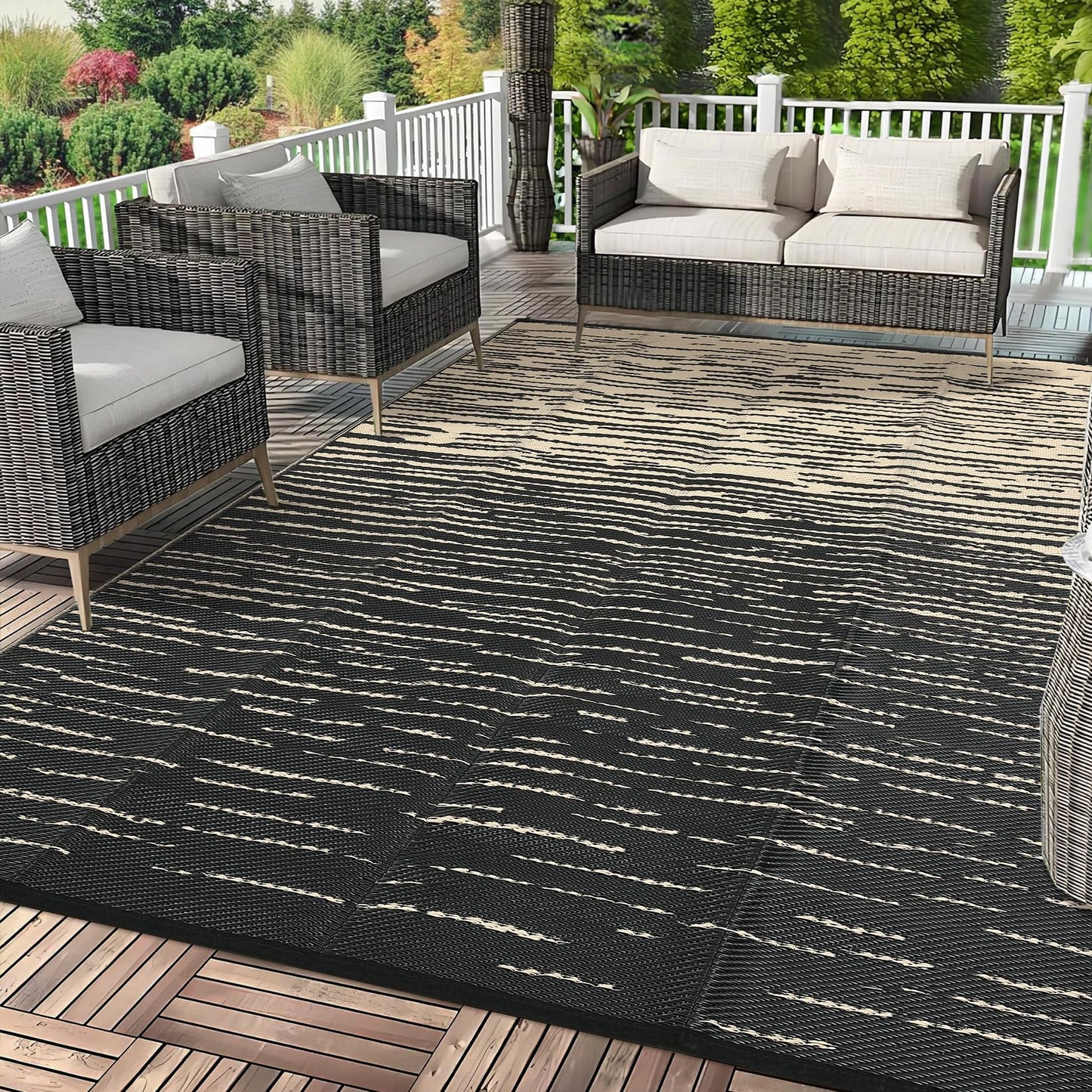 COZYLOOM Striped 5x8 RV Outdoor Rug Waterproof, Modern Outdoor Plastic Straw Rug, Foldable Lightweight Reversible UV Resisatnt Rugs for Picnic Backyard Deck Balcony Porch Beach Camper, Black Coffee