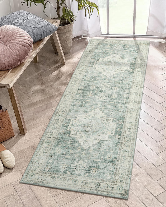 LIVEBOX Washable 2x6 Runner Rug for Bathroom, Non Slip Kitchen Mats for Floor Entryway, Boho Indoor Front Door Mat Low-Pile Runners for Hallways, Farmhouse Rugs for Laundry, Sage Green