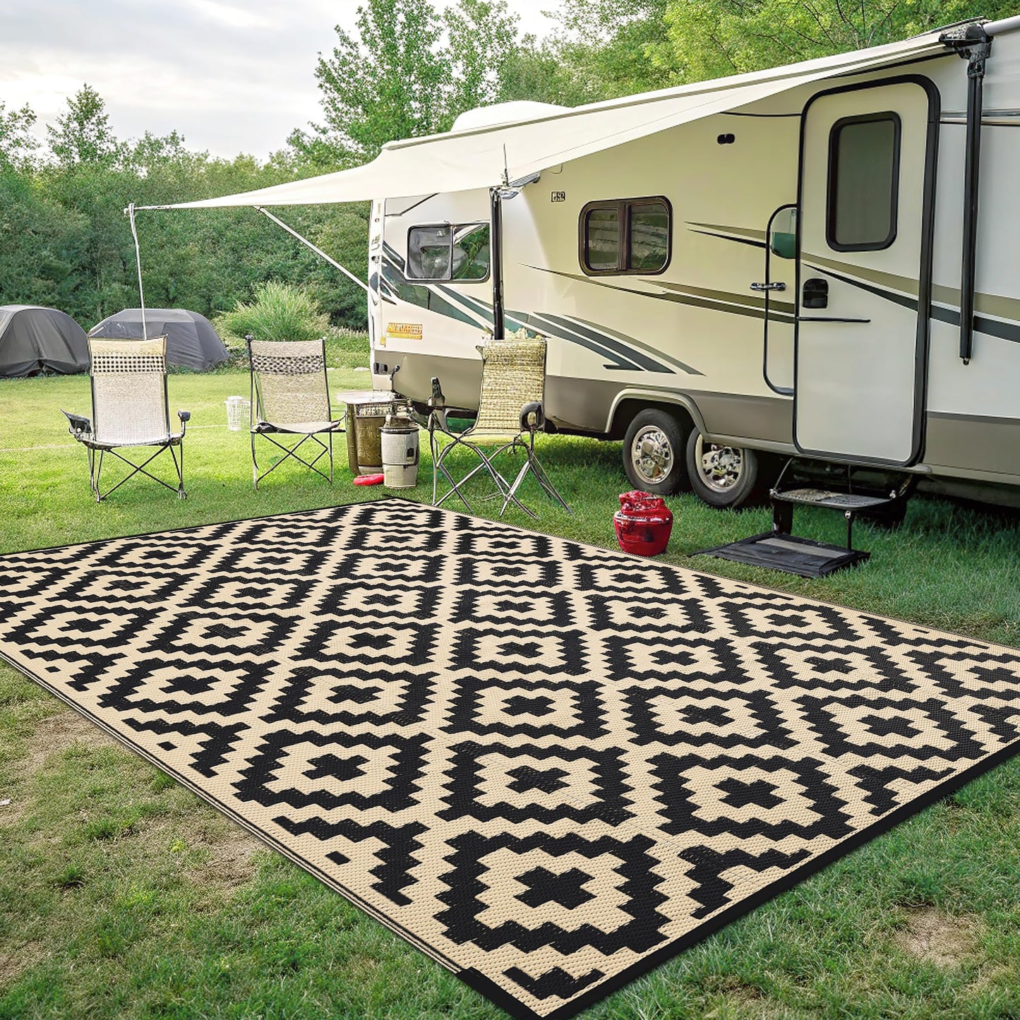 Smiry Waterproof Outdoor Rug 8x10 ft, Reversible Plastic Straw Patio Camping Rugs, Outdoor Indoor RV Mat Carpet for Patio, Outside Entry, Backyard, Deck, Bench, Picnic, Camper, Black & Beige