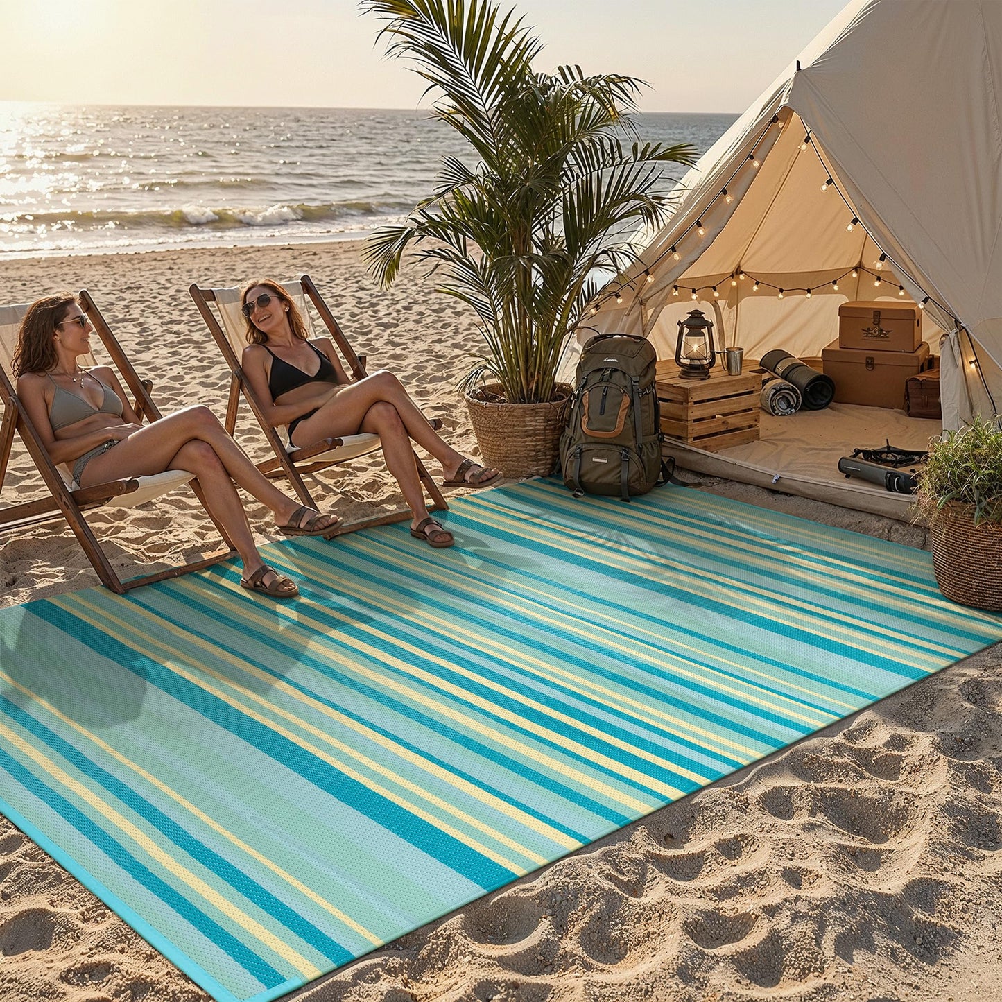WondRg Outdoor Plastic Straw Rug Waterproof Patio 6x9 Teal Yellow Stripe Mat for Porch Camping RV Balcony Deck Courtyard Reversible Lightweight Durable Portable Carpet