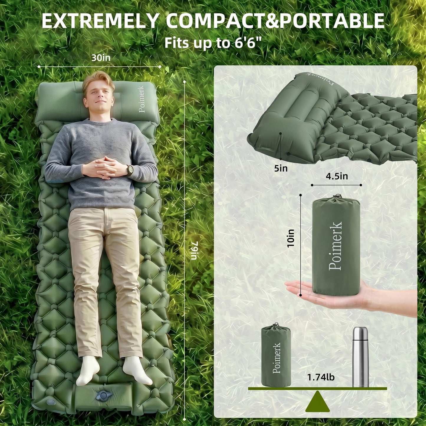 Ultralight Camping Sleeping Pad Mat, Compact Air Mattress for Backpacking