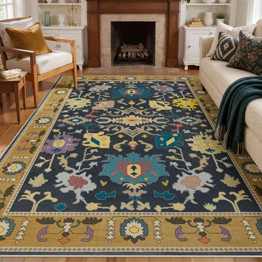 Joydeco Oushak 5x7 Washable Rug for Living Room, Vintage Bedroom Dining Room Rugs Non Slip, Boho Ultra-Thin Soft Indoor Floor Throw Carpet for Dining Table Home Office, Black/Multi