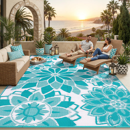 LOKHOM Outdoor Rug for Patio 8x10 ft Reversible Plastic Straw Patio Camping Rug, Floral Waterproof RV Mat for Camper Indoor Outdoor Carpet for Deck Porch Picnic Beach Balcony Backyard, Teal & White