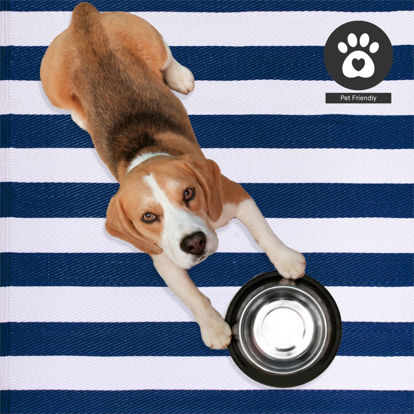 FH Home Outdoor Camping Rug - Waterproof, Fade Resistant, Reversible - Premium Recycled Plastic - Striped - Large Patio, Deck, Sunroom, RV - Brittany Stripe - Blue & White - 9 x 12 ft Foldable