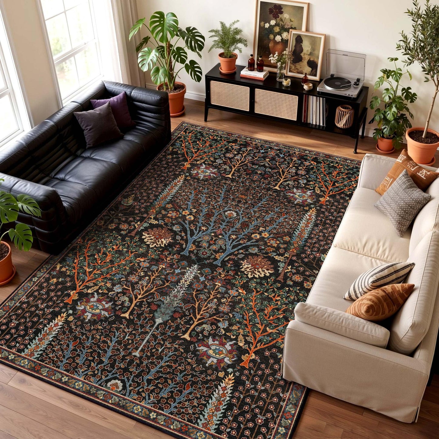 Kokia 8x10 Boho Black Botanical Floral Washable Rug, Oriental Soft Non-Slip Decoration Rugs for Living Room, Farmhouse Bedroom, Kids Playroom, Office