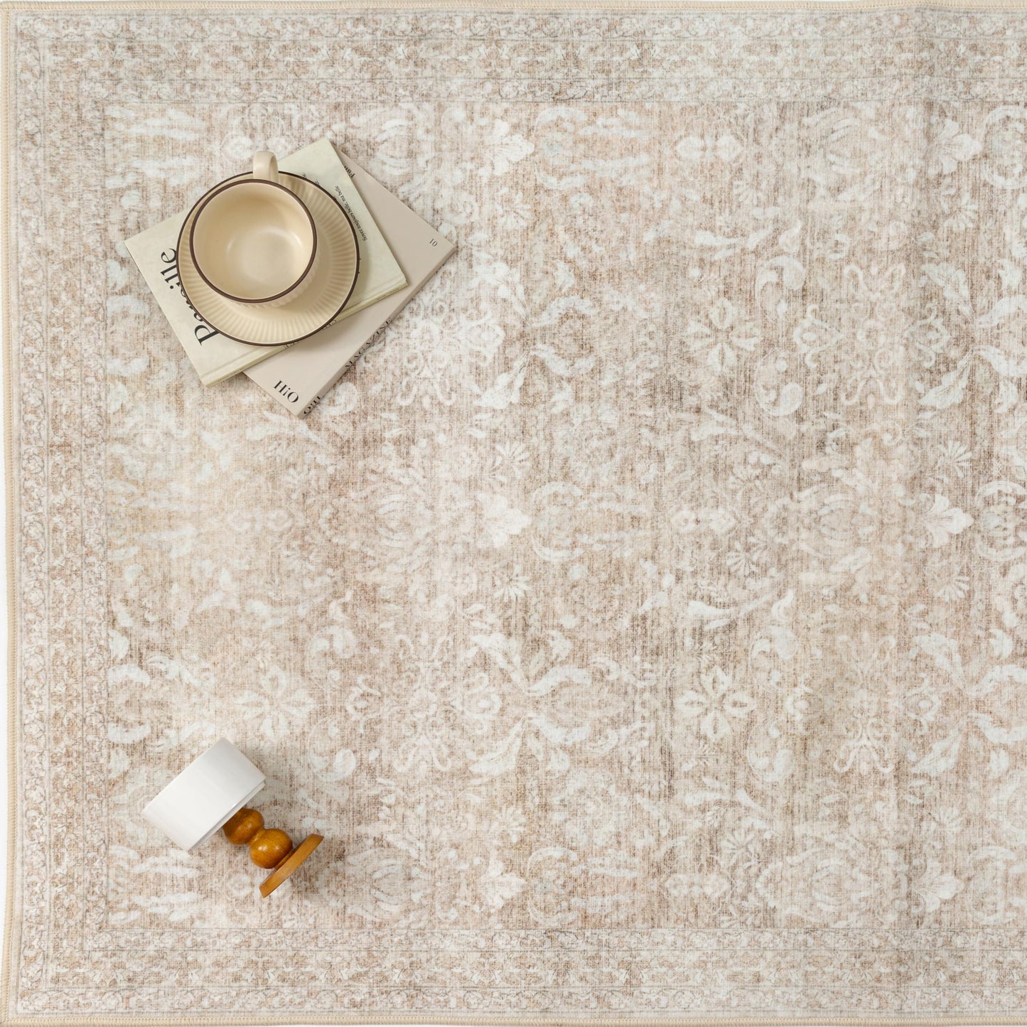 PureCozy 6x9 Area Rug Washable Beige Vintage Living Room Bedroom Carpet Indoor Large Non Slip Soft Low Pile Thin Retro Accent Home Office Dining Room Rug