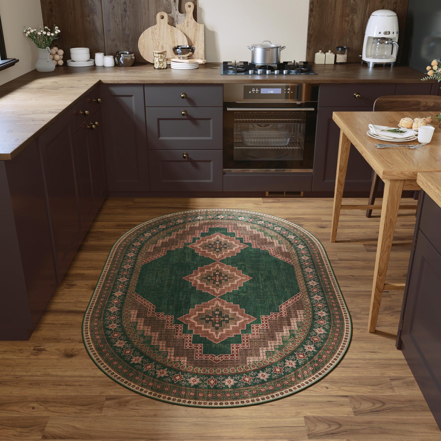 Clemile 4x6 Oval Rug - Washable Ultra-Thin Living Room Rug Vintage Non-Slip Carpets - Soft & Stain Resistant Rug for Kitchen Bedroom Dining Room Living Room Dark Brown