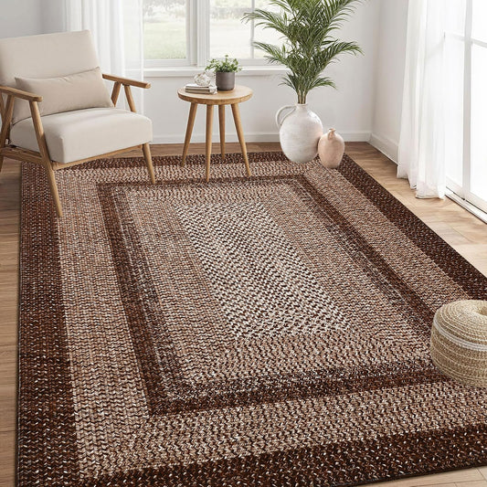 RUGSREAL Washable Rug 5x7 Boho Accent Bedroom Rugs Modern Geometric Floor Carpet Indoor Low Pile Non Slip Farmhouse Rustic Bohemian Carpet for Living Room Nursery Kitchen, Brown