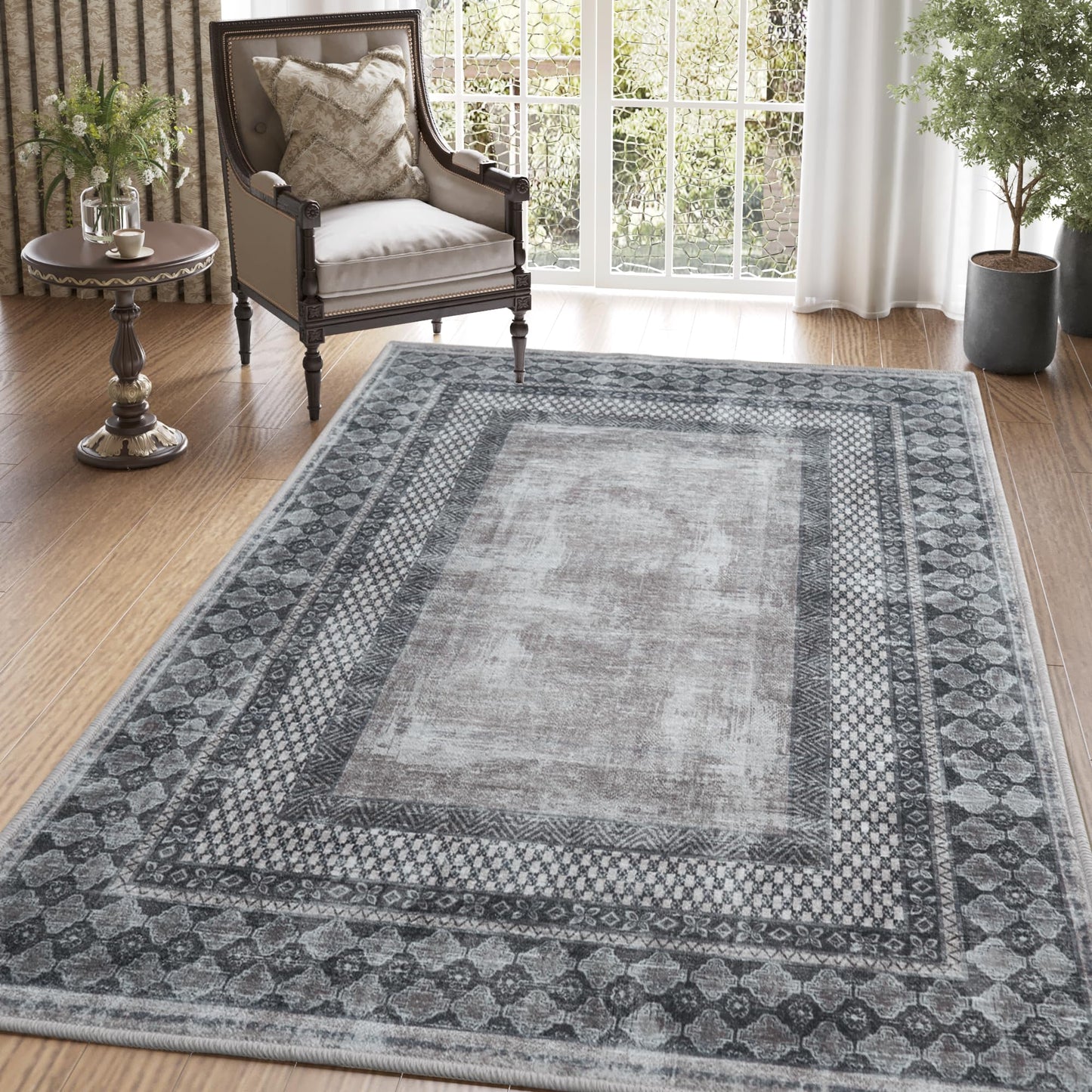 NICETOWN Living Room Rugs 5x8, Thin Washable Vintage Non-Slip Area Rugs for Bedroom, Durable Soft for Dining Room Living Room Laundry, Grey