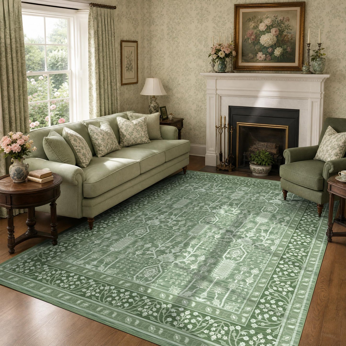 Deerly 5x7 Thin Area Rugs Living Room, Low Pile Soft Rugs with Non-Slip Backing Machine Washable Vinatge Boho Carpet for Bedroom Playroom Nurseryroom, Kid & Pet Friendly Print Floor Green Rug 5x7ft
