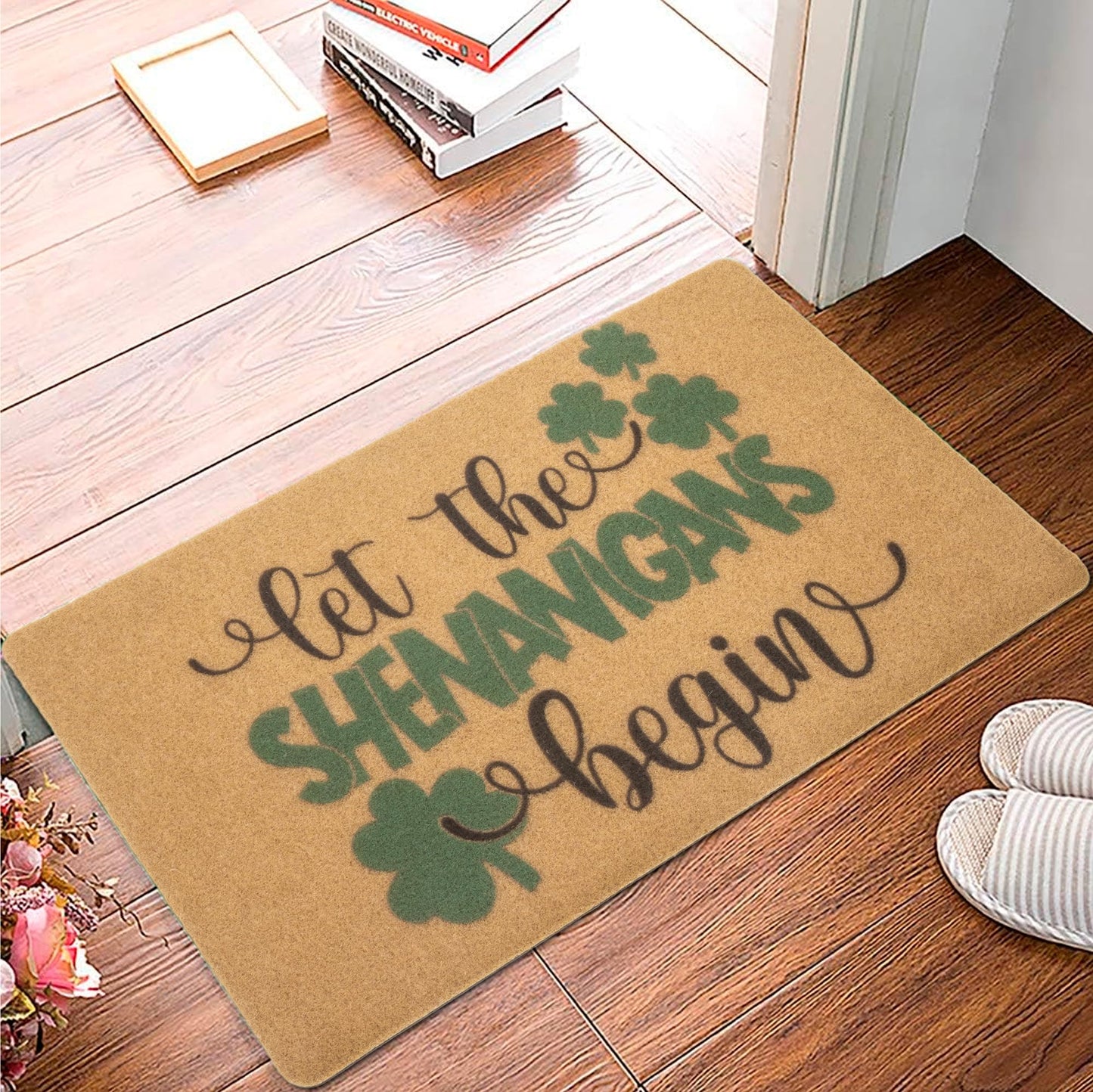 KorhLeoh St. Patrick's Day Entrance-Welcome-Doormat, Shamrocks Front-Door Door Mat Clovers Decorative Artificial Coir Mat 17" X 29"