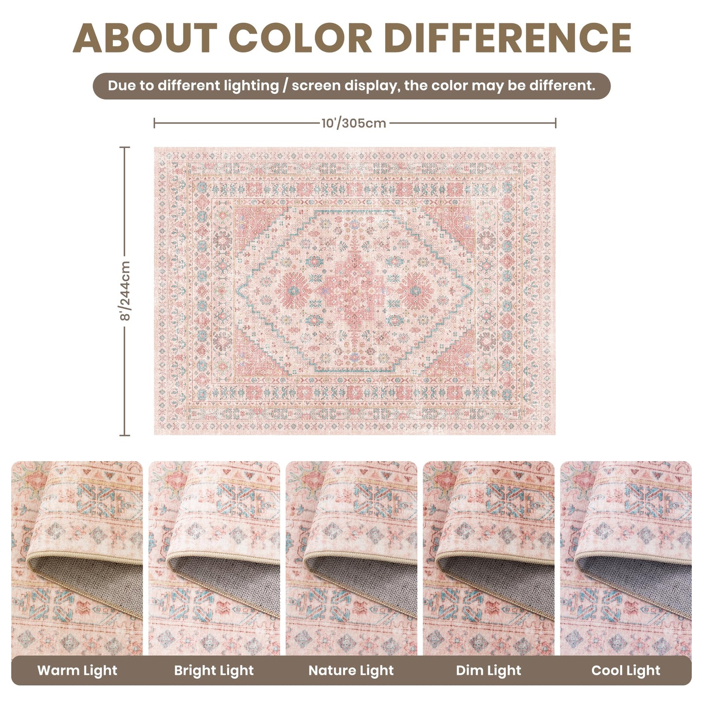 zesthome 8x10 Area Rugs for Girls Bedroom, Non-Slip Backing Washable Rugs, Vintage Large Pink Rug, Stain Resistant Nursery Room Rug (Pink/Blue,8'x10')