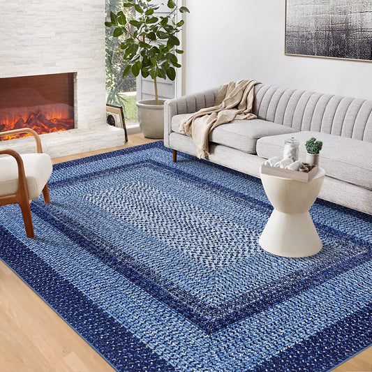 GlowSol 5x7 Area Rugs Washable Rugs Modern Geometric Throw Rug Modern Ombre Braided Rug for Living Room Non Slip Bedroom Rug Non-Shedding Carpet Accent Rug for Dining Room Kids Playroom Office,Navy