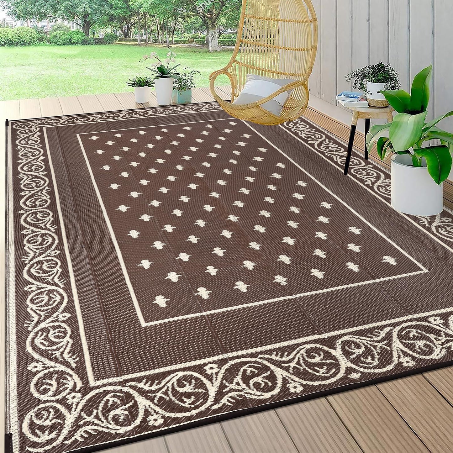 Pauwer Waterproof Outdoor Rug 8x10, Reversible Plastic Straw Patio Camping Rug, Indoor Outdoor RV Mat Carpet for Deck, Camper, Porch, Balcony, Backyard, Picnic, Bordered Brown