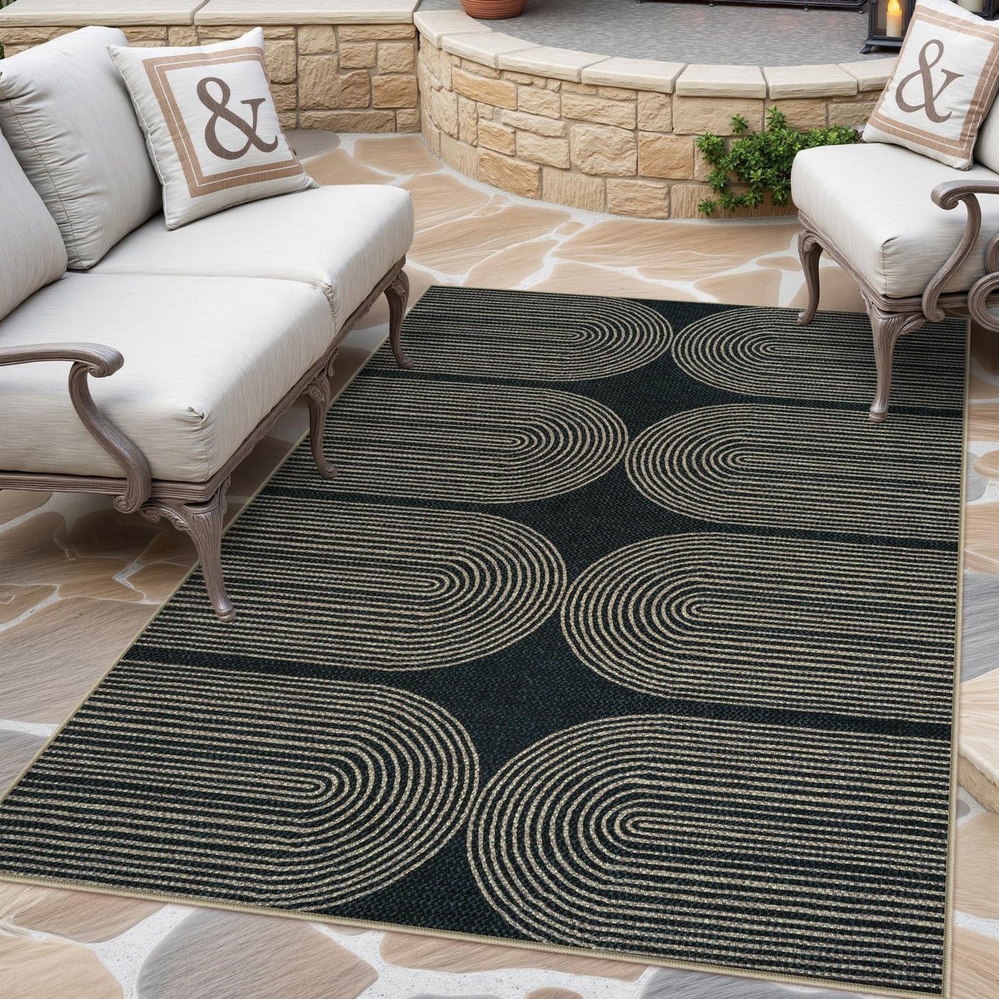 LIVEBOX Rainbow Easy Jute Outdoor Rug 5x7, Washable Area Rugs for Living Room Patio Farmhouse Indoor Outdoor Rug, Non Slip Modern Neutral Floor Carpet for Office Backyard Office Foyer (5'x7', Black)