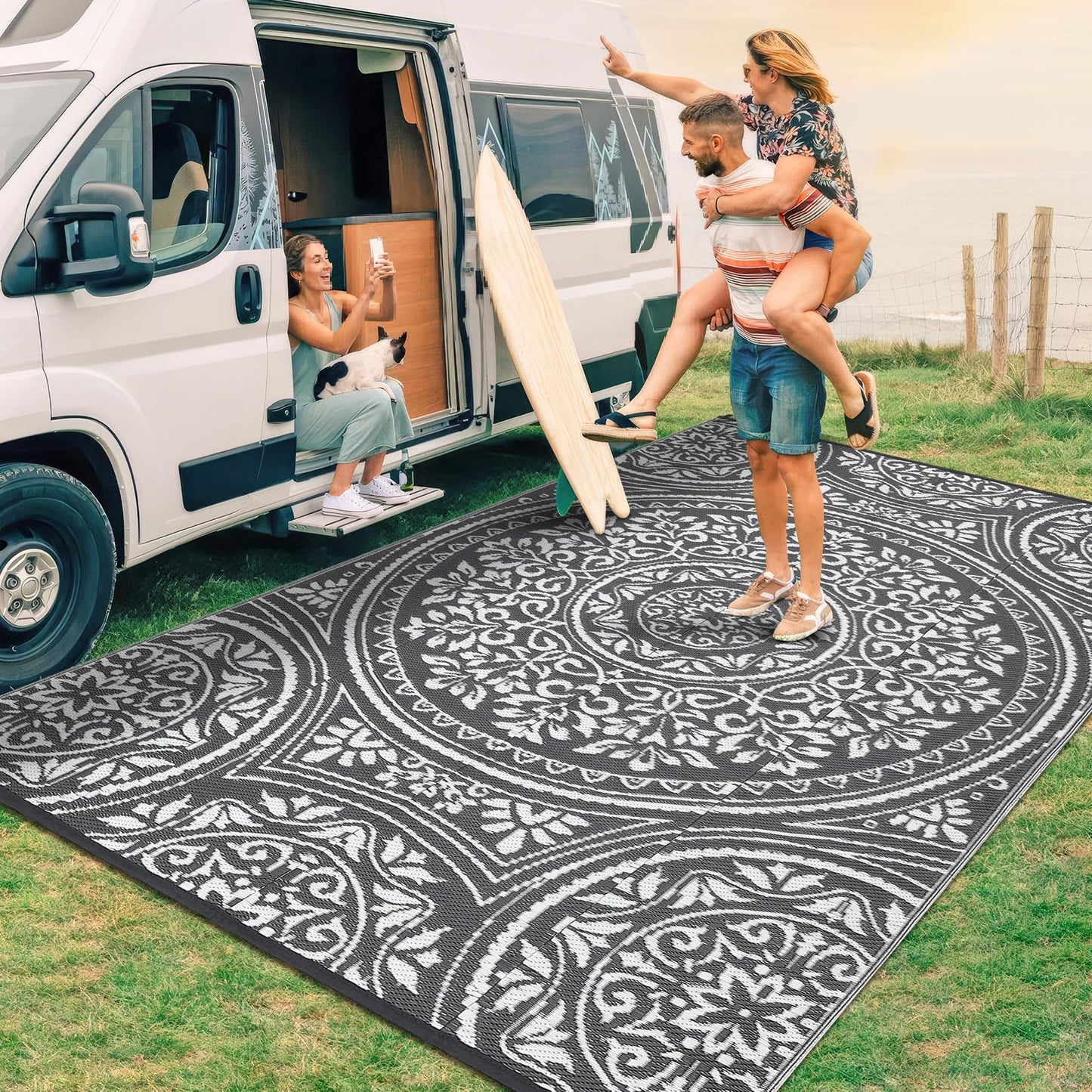 GarveeHome Large Waterproof Outdoor Rug 9x18 Reversible Floral Plastic Straw Rug, Durable UV Resistant Outdoor Carpet, Portable RV Camper Picnic Mat with Stakes & Carry Bag for Yard Poolside, Grey