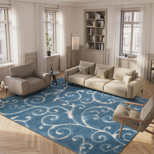 SAFAVIEH Area Rug 9x12 - Florida Shag Collection - Large - Light Blue & Cream, Scroll Design, Non-Shedding & Easy to Clean, High-Low Plush Pile, Ideal for Living Room, Bedroom, Dining (SG455-6011)