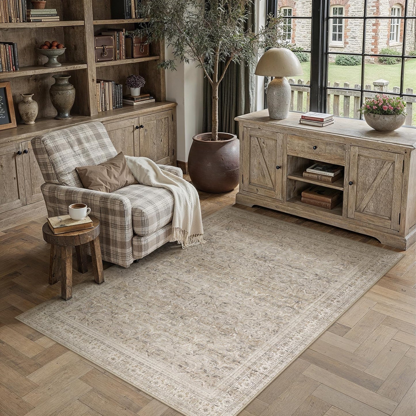 HUGEAR Area Rug 5x7 Vintage Beige Machine Washable Living Room Rugs Distressed Retro Floral Vacuumable Low Pile Carpet Bedroom Office Dining Room Laundry Room Non Slip Soft Lightweight