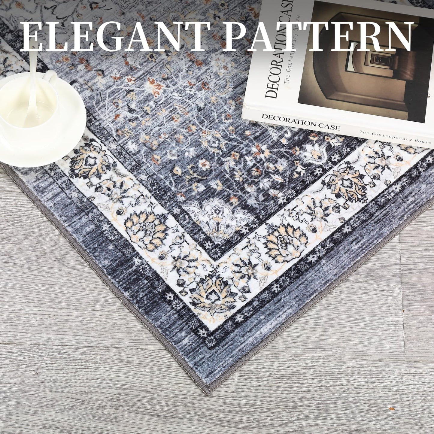 GarveeHome Washable Vintage Boho Floral Gray Rug - 5'x7' Soft Faux Wool Low Pile Stain Resistant Carpet for Living Room, Bedroom, Office, Nursery, Dining Room
