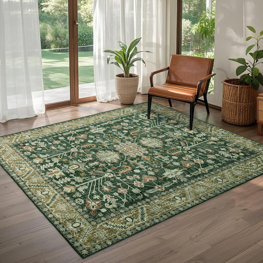 Brevonox 4x6 Area Rug Washable: Oriental Soft Area Rug for Living Room Bedroom No Shedding - Low Pile Thin Carpet Rug for Dining Room Non Slip - Boho Vintage Rug for Home Decor - Retro Forest Green