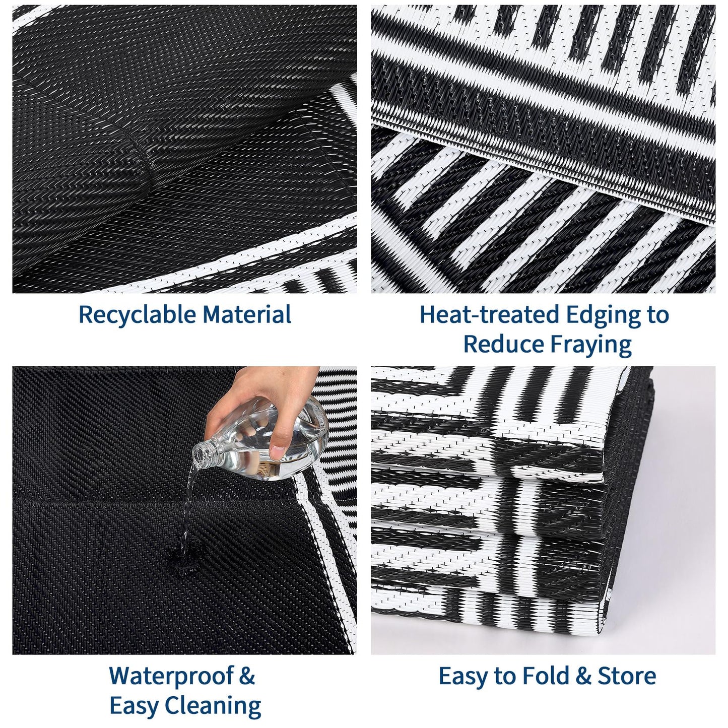 GAOMON Outdoor Patio Rug 8x10 Reversible Camping Mat, Stain-Resistant Plastic Straw Rug, Easy to Clean, Waterproof Indoor Outdoor Carpet for Porch, Deck, Balcony, Beach, GardenBorder-Black