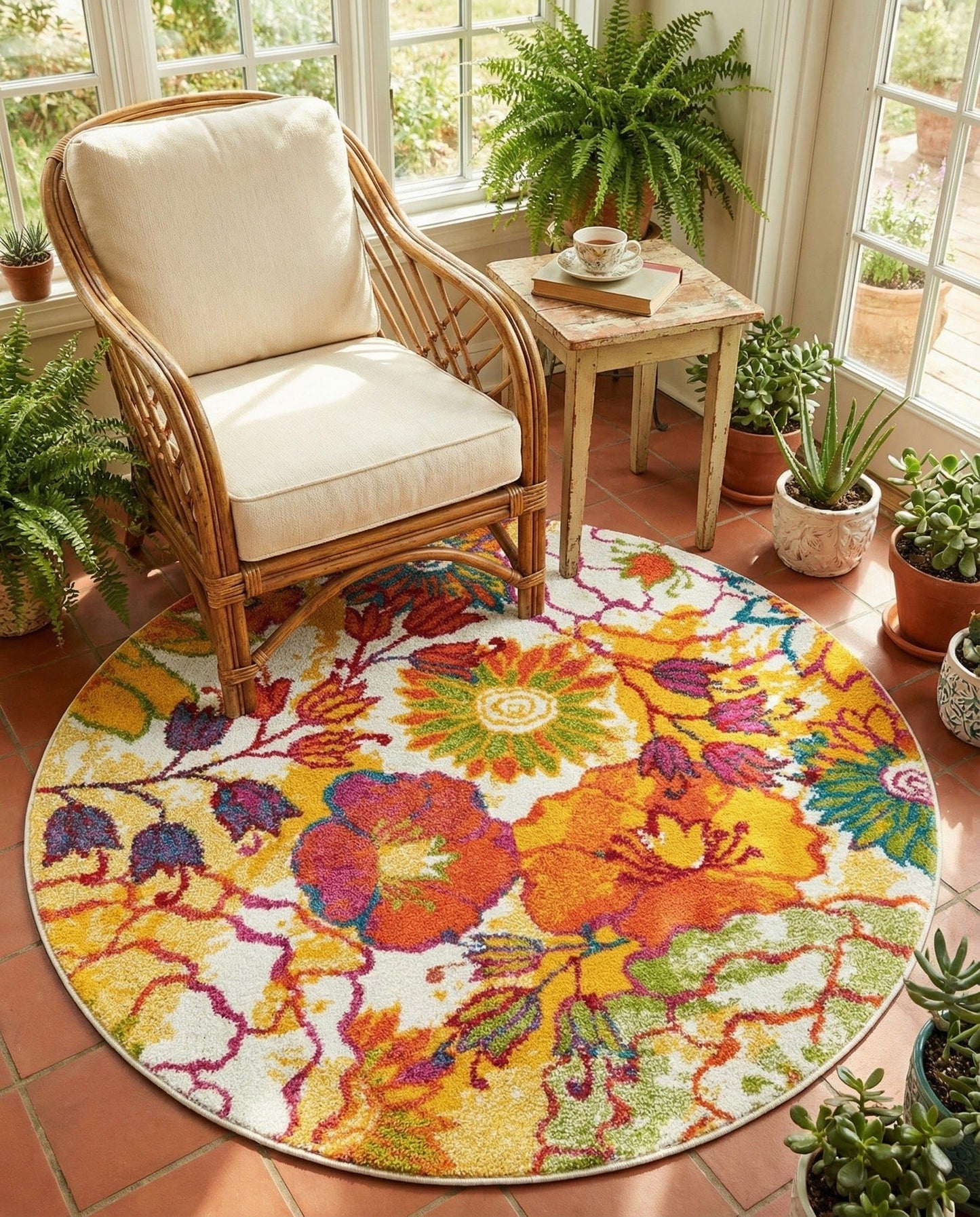 Rugs.com - Tuscany Rug – 4 Ft Round Ivory Floral Area Rug – Modern Stain-Resistant Carpet for Playrooms and Nurseries