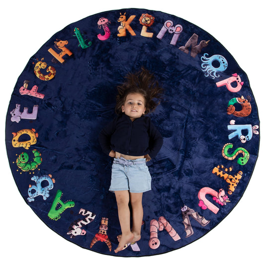 Malamaa ABC Alphabet Rug for Kids – 6 ft Round Blue Play Mat for Toddlers & Babies, Soft Nursery Decor for Learning Letters, Classroom & Playroom Area Mat