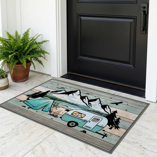 Happy Camper RV Door Mat Outside Entrance 20x32 Inch Funny Outdoor Welcome Mat Non Slip Camping Decor Doormat Front Entryway Rug for Indoor Outdoor (Camping, 20'' x 32'')