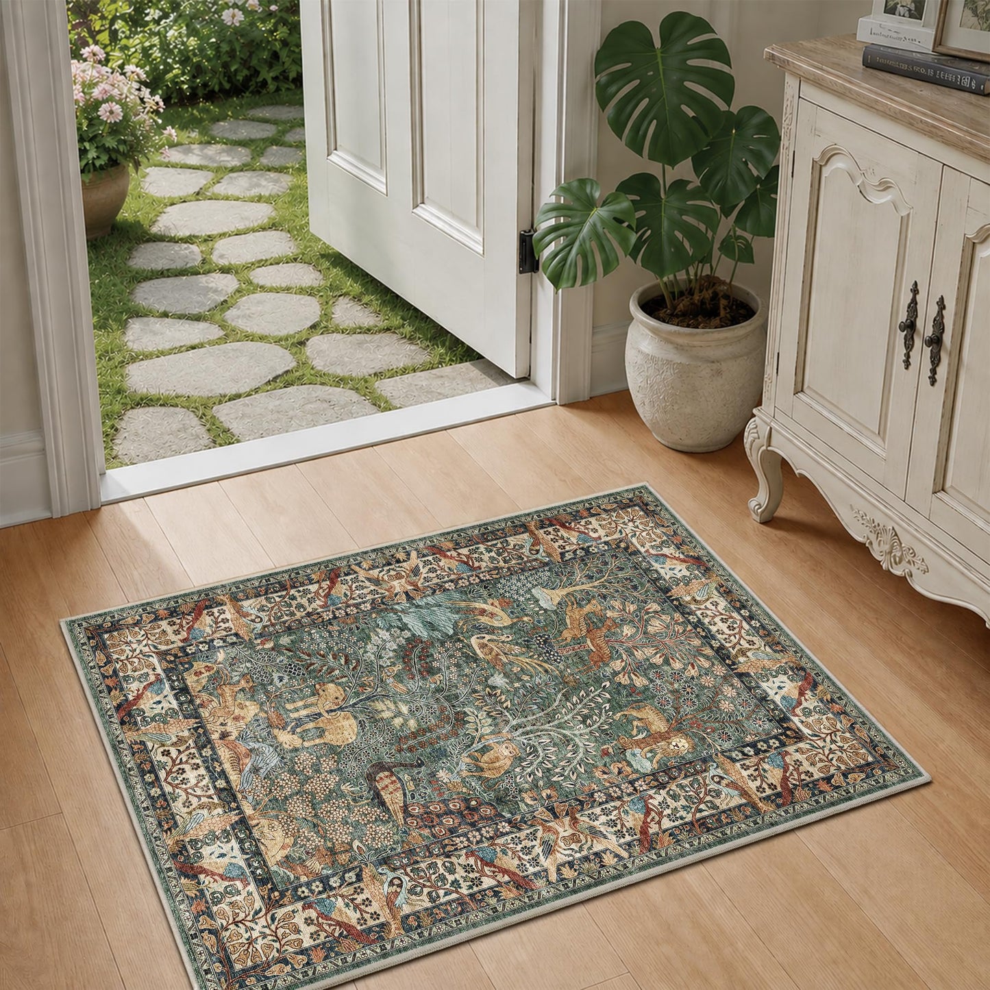 NakedCloud 2x3 Indoor Door Mat, Trees and Animals Print Rug Non-Slip Washable Low Pile Soft Floor Mat for Front Door Entryway Kitchen Bedroom, Green