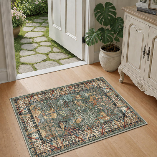 NakedCloud 2x3 Indoor Door Mat, Trees and Animals Print Rug Non-Slip Washable Low Pile Soft Floor Mat for Front Door Entryway Kitchen Bedroom, Green