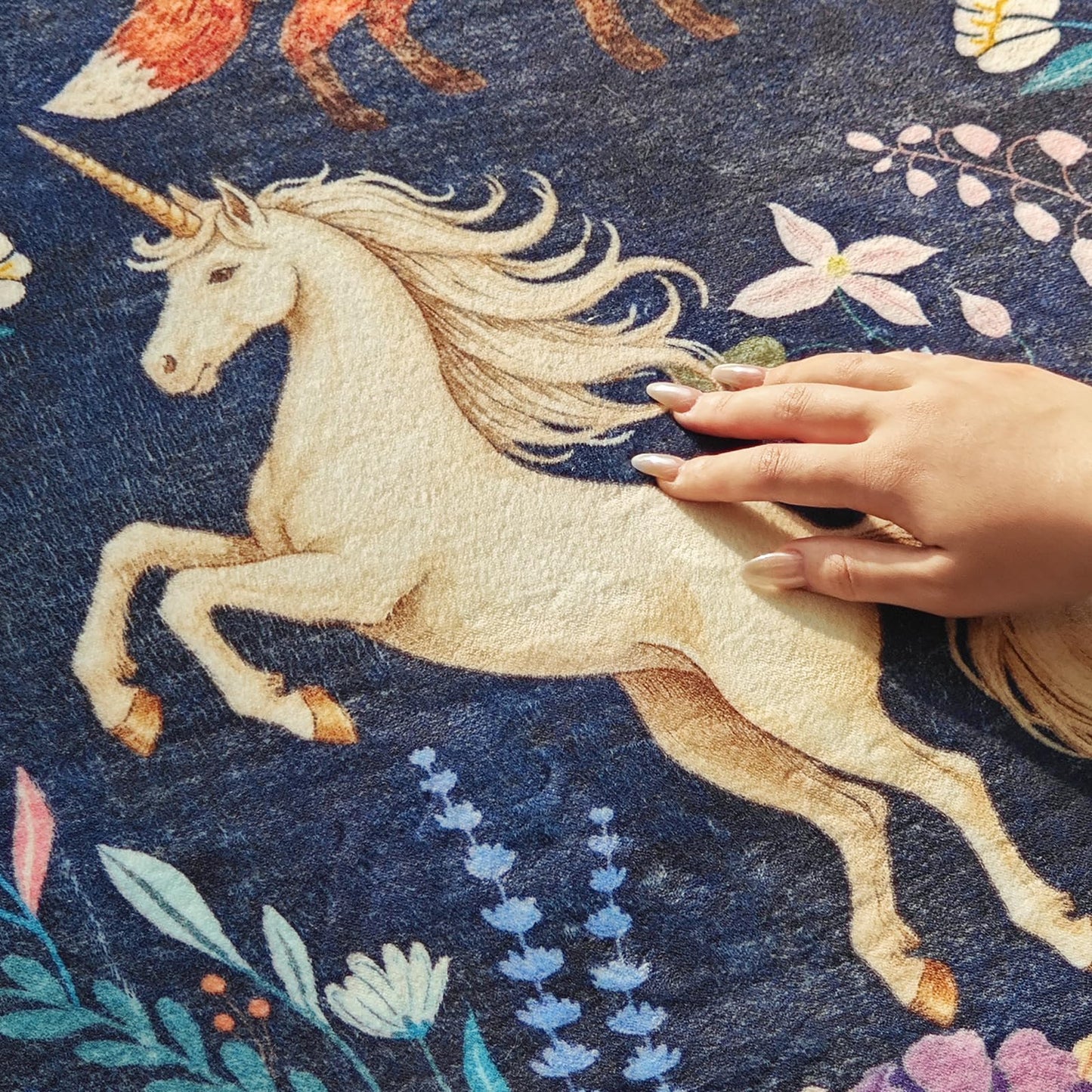 jinchan Moonrise Area Rug 5x7 Kids Room Rug Washable Unicorn Rug Soft Non-Slip Low Pile Fairytale Woodland Animals Floral Carpet for Classroom Nursery Playroom Bedroom Living Room Midnight Navy Blue