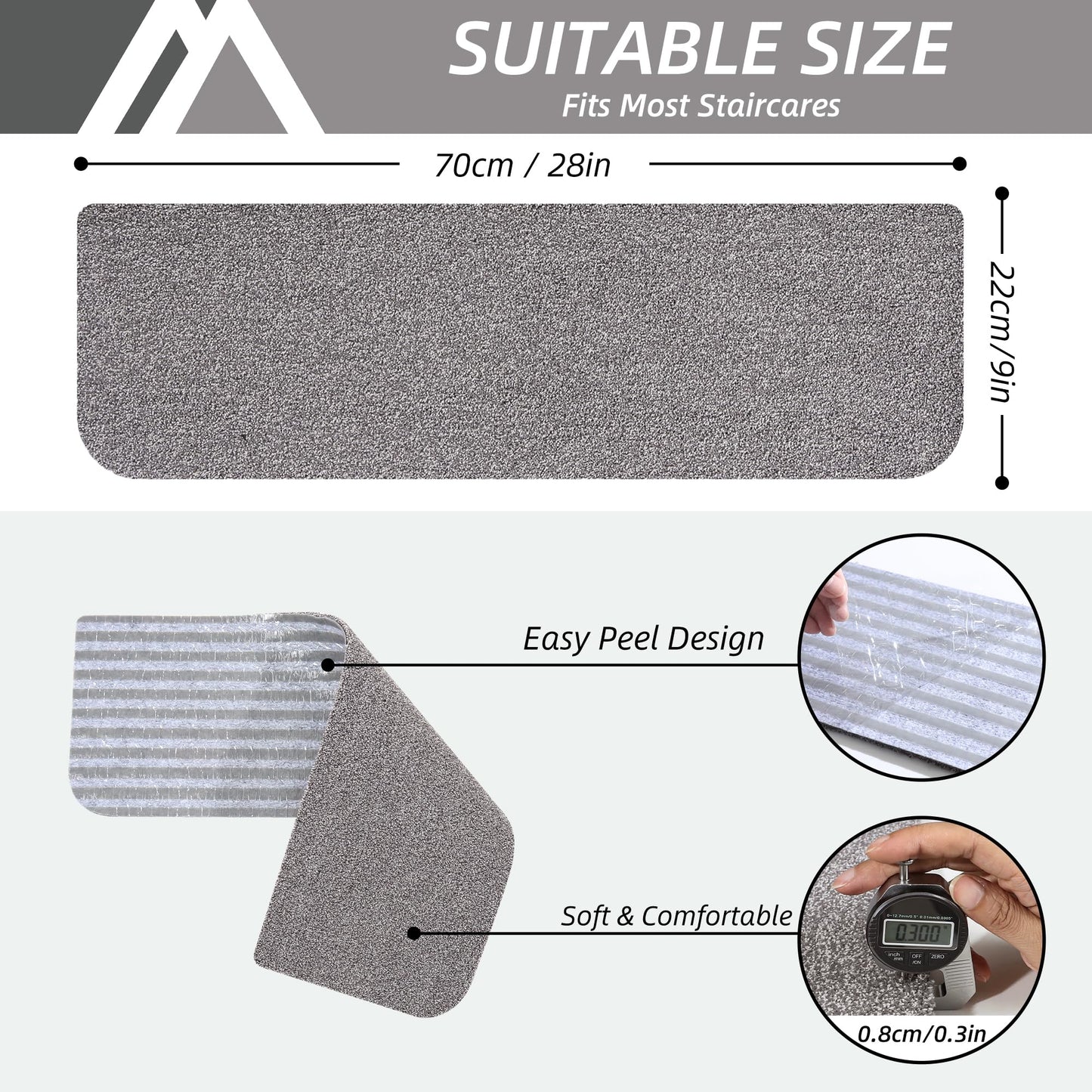 COSY HOMEER Stair Treads Non-Slip Carpet Mat 28inX9in Indoor Stair Runners for Wooden Steps, Stair Rugs for Kids and Dogs, 100% Polyester TPE Backing 10pcs,Grey,Protect Floor