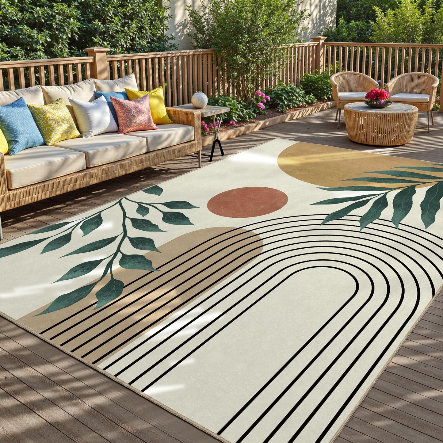 Indoor Outdoor Area Rug, Mid Century Sun Outdoor Patio Rug,Washable Abstract Art Leaves Eucalyptus Runway Rugs Non-Slip Carpet for Camping, Bedroom, Deck(5x8)