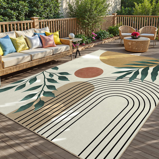 Indoor Outdoor Area Rug, Mid Century Sun Outdoor Patio Rug,Washable Abstract Art Leaves Eucalyptus Runway Rugs Non-Slip Carpet for Camping, Bedroom, Deck(5x8)