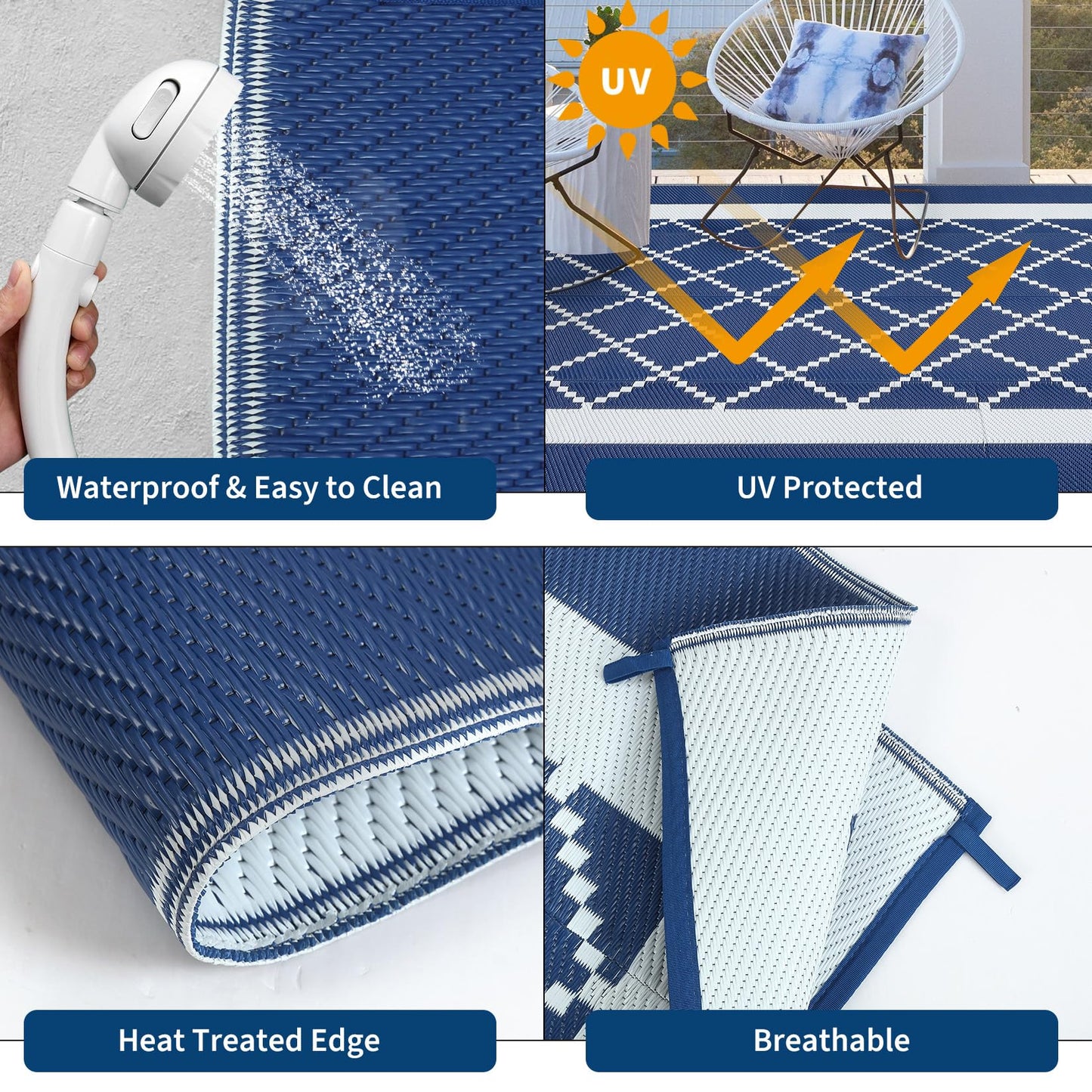 COZYLOOM Outdoor Patio Rug 9x18 Waterproof Reversible Plastic Straw Mat, Large Indoor Outdoor Rugs Modern Area Rug for Deck, Balcony, Pool, Camping, Beach, Picnic, Porch, RV, Navy&White
