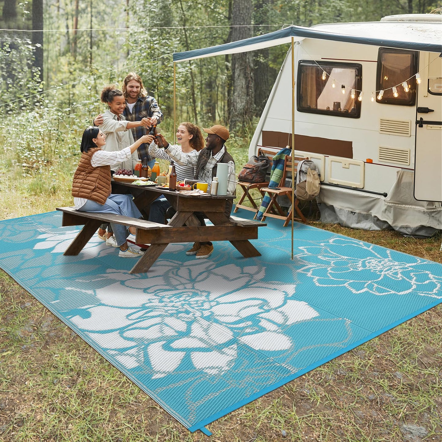 IDEALHOUSE Reversible Outdoor Rug, 320GSM Recycled Plastic Patio Rug, Lightweight Folding Camping Mat with Carry Bag and 4 Stakes, for RV, Picnic, Beach, Balcony, Light Blue White, 9x18 ft