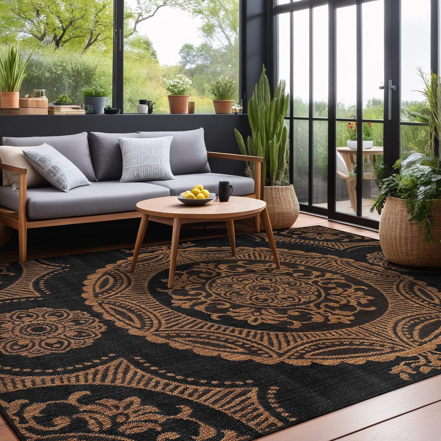 Luul Home Medallion Outdoor Rug 5x7 Washable Outside Carpet for Indoor Patio Porch Waterproof Easy Cleaning Non Shedding Area Rugs Nut Brown 5 x 7
