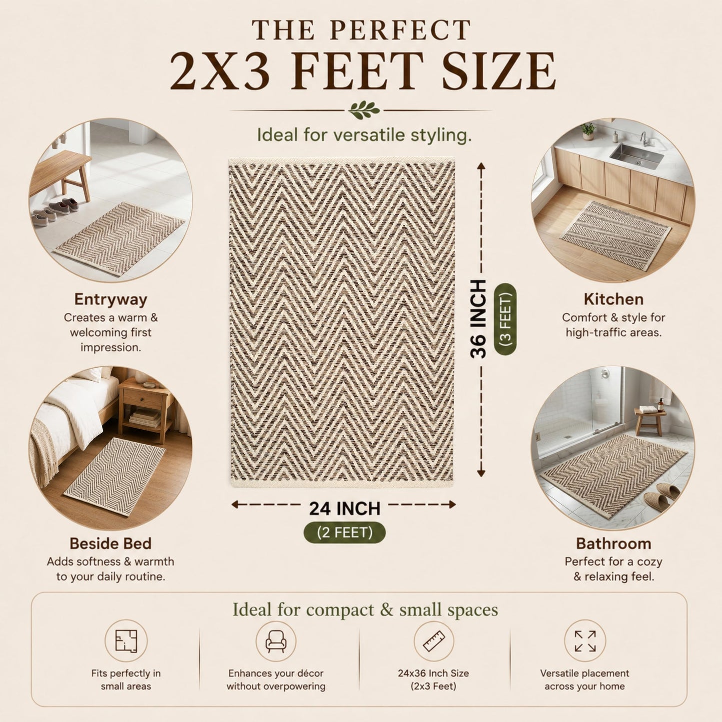 Cotton Chevron Hand Woven Area Rug 2x3 Feet - Beige, Farmhouse Decorative Floor Small Rugs Ideal for Entryway, Kitchen, Bedroom | Linen Washable Neutral Geomatric Reversible Front Door Patio Mats