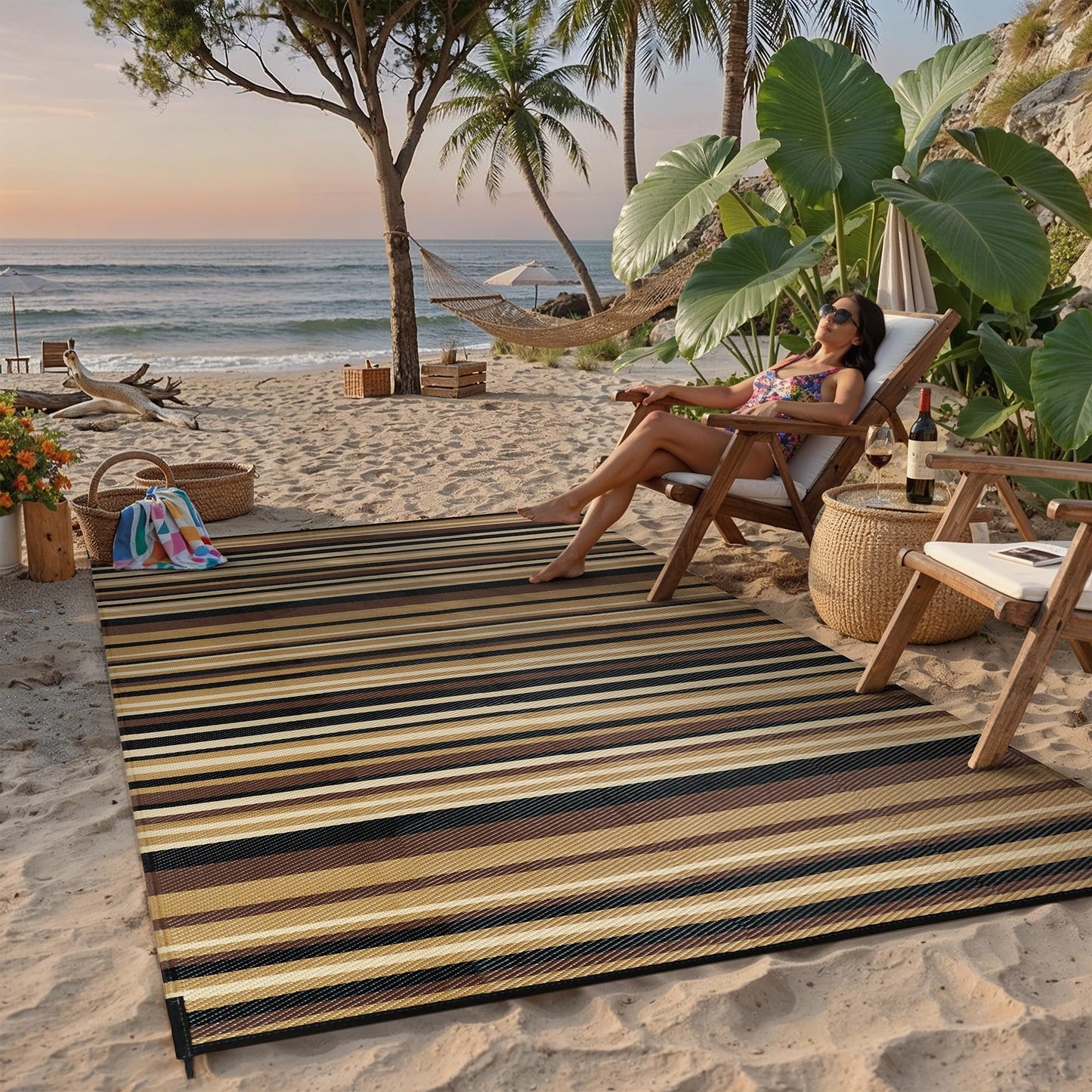 WondRg Outdoor Plastic Straw Rug Waterproof Patio 6x9 Brown Black Stripe Mat for Porch Camping RV Balcony Deck Courtyard Reversible Lightweight Durable Portable Carpet