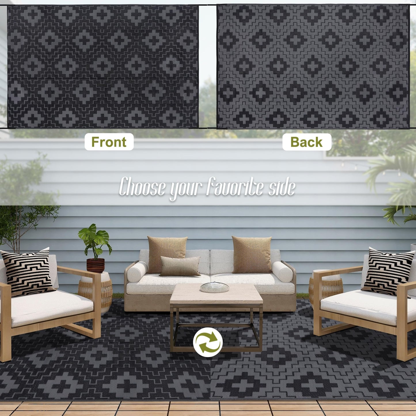 SAND MINE Waterproof Outdoor Rug 6x9 ft, Reversible Plastic Straw Area Rug, Large Floor Mat for Patio, Backyard, Deck, RV, Camping, Picnic, Beach, Balcony & Porch - Black & Grey