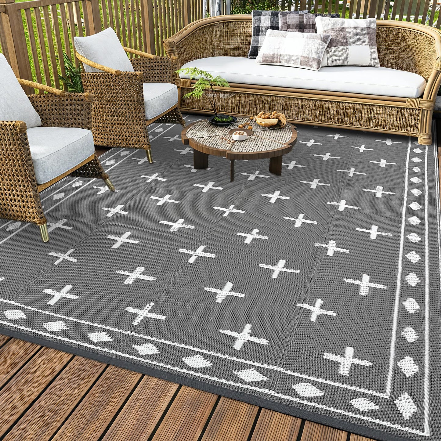 Garvee 8x10 Outdoor Rug, Reversible Waterproof Plastic Straw Patio Mat with Geometric Border Design, Camping & RV Floor Rug for Deck, Balcony, Backyard, Beach and Picnic,Grey