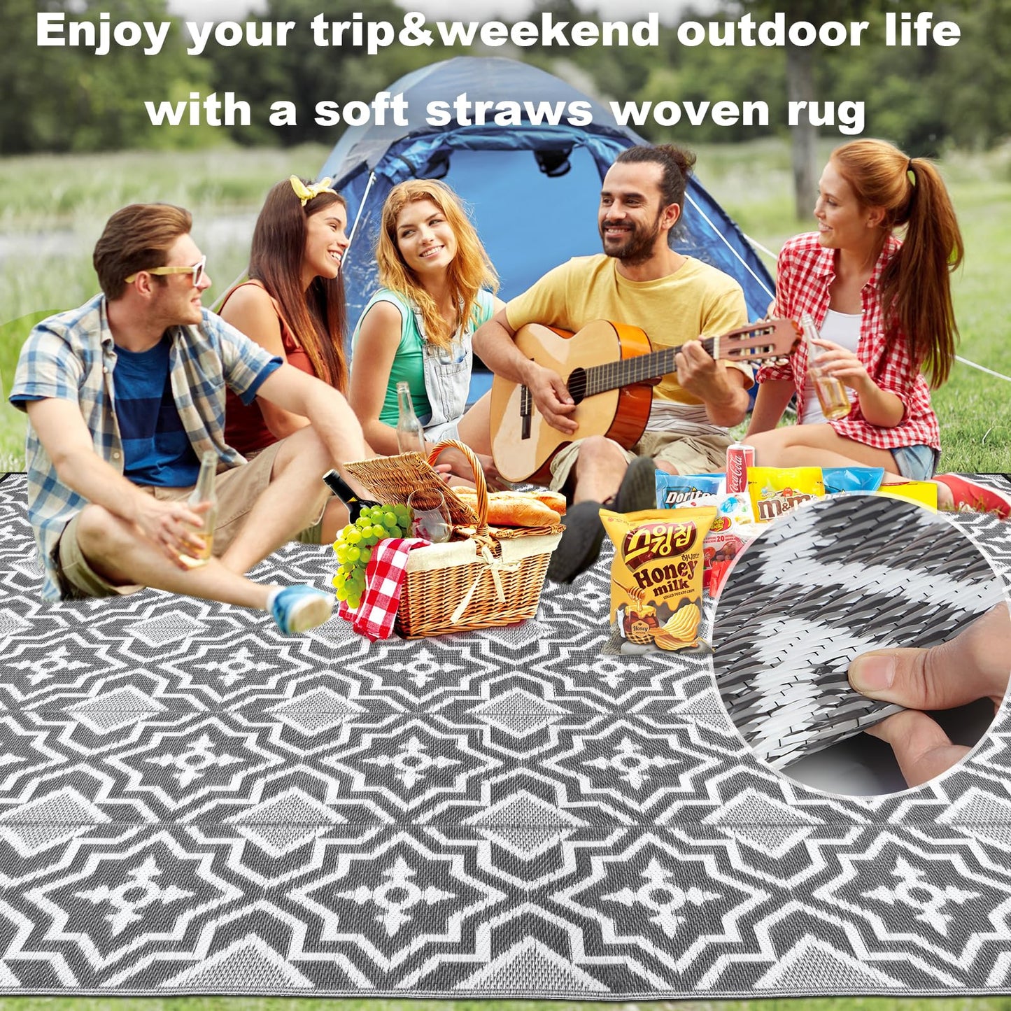 Alfolo Outdoor Rug 9x12 for Patios Clearance,Outdoor Plastic Straw Rug,Waterproof Camping Rugs for Outside Your Rv, Deck, Porch,Beach,Picnic,Pool Grey Recyclable,Easy Cleaning Outside Mats with a Bag