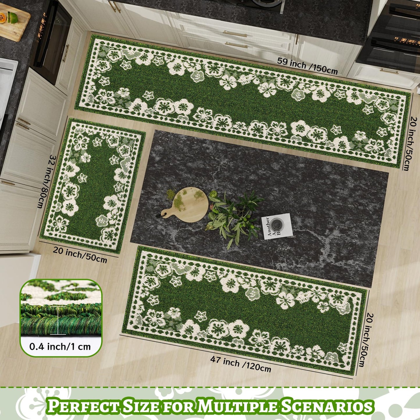 Kitchen Rugs Set of 3, Japanese Cherry Blossom Kitchen Mats for Floor Nylon TPR Non-Slip Washable Sink & Standing Mats Absorbent Resist Dirt Kitchen Runner Floral Rug (Green, 20"x59"+20"x47"+20"x32")