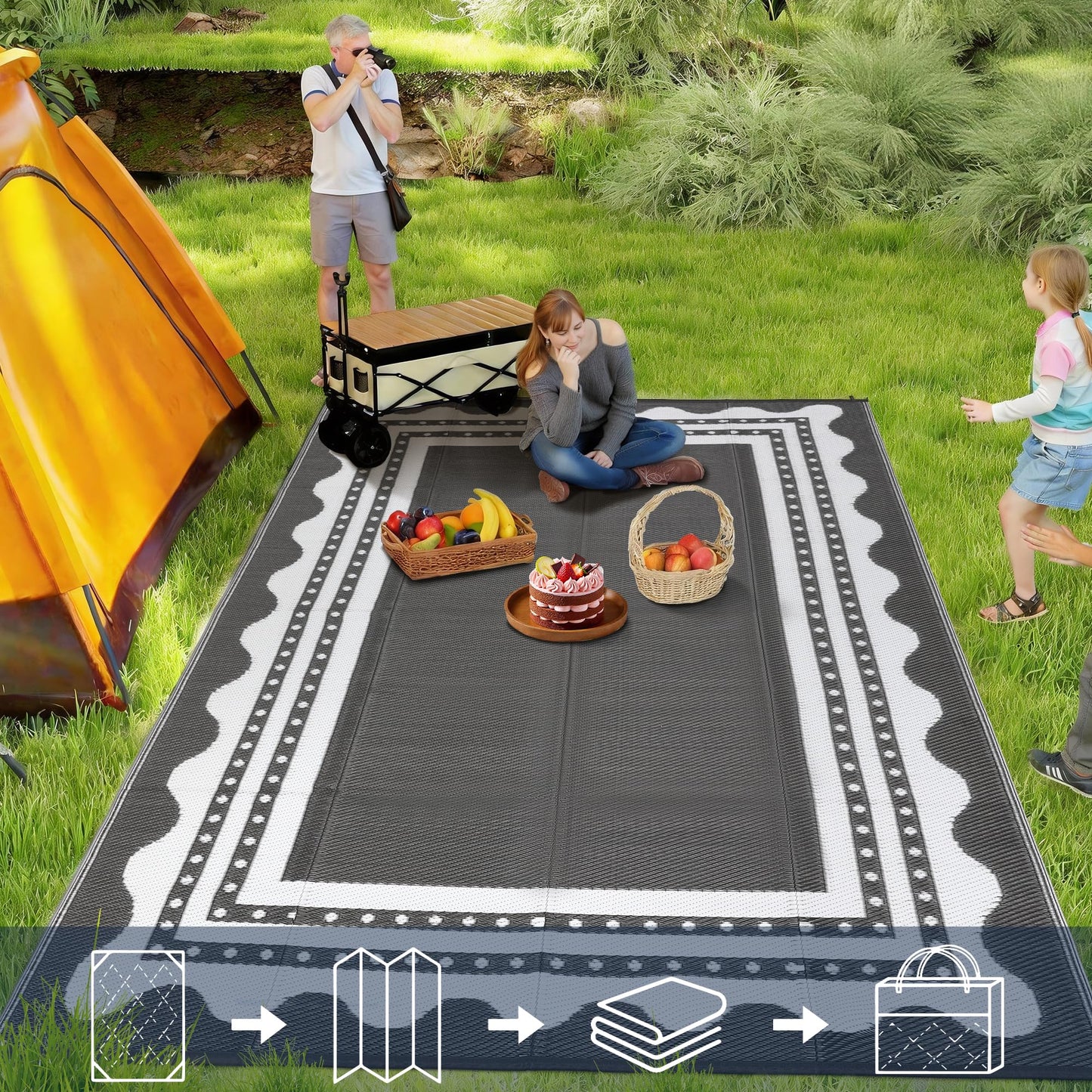 IDEALHOUSE Waterproof Outdoor Rug 8x10 for Patio, Reversible Modern Area Rug, Large Plastic Straw Mat for Camping, RV, Porch, Backyard, Deck, Picnic, Beach, Grey & White