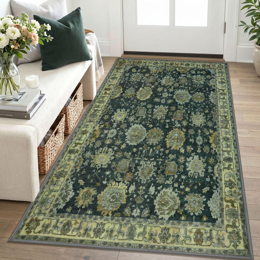 Lansny Vintage 3x5 Washable Entryway Rug, Small Area Rug for Office Bedroom Living Room, Soft Thin Non-Slip Kitchen Rug Indoor Door Mat, Printed Faux Wool Throw Rugs for Entrance, Green