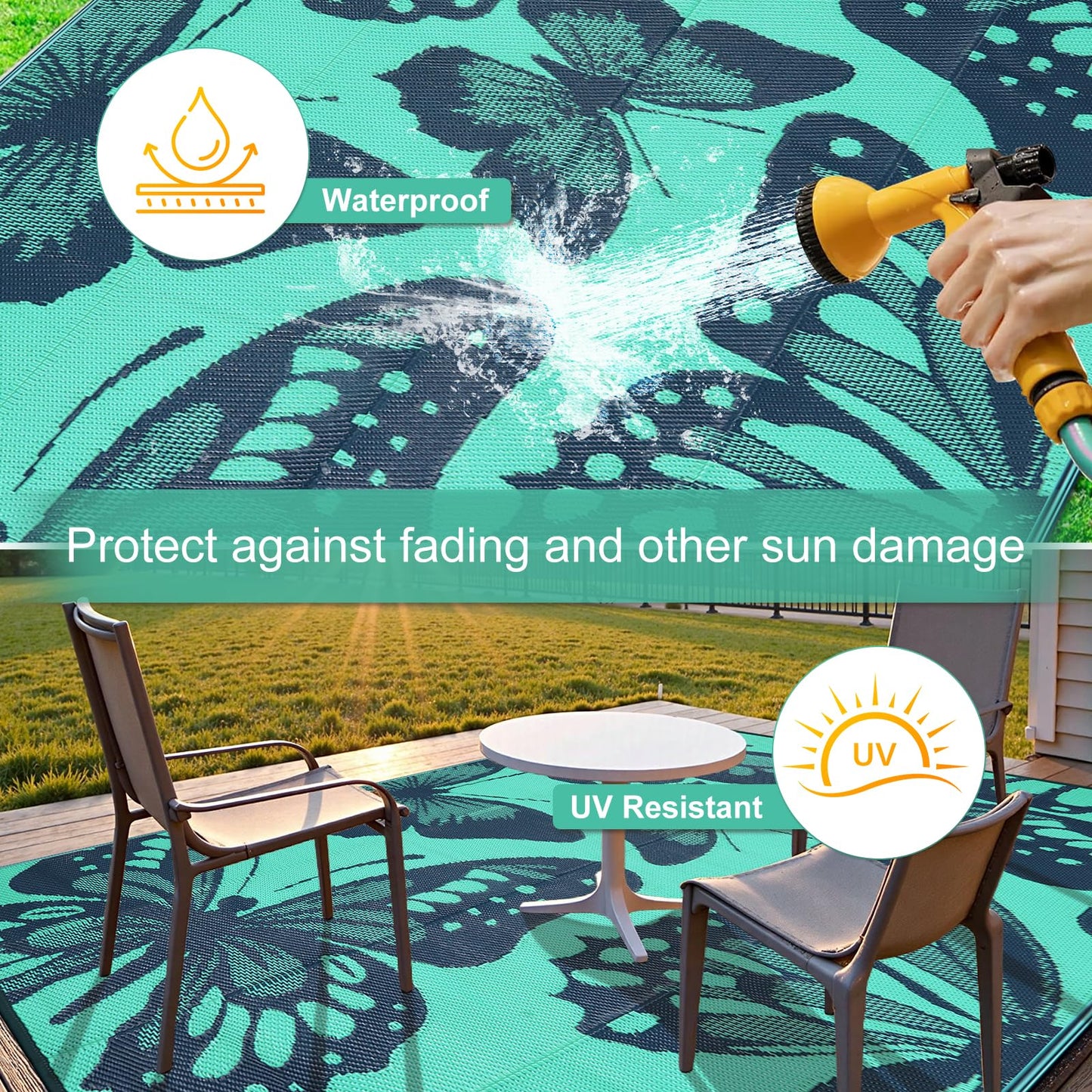Uphome Outdoor Rug Waterproof 8x10 ft, Patio Plastic Straw Rugs for RV Camping, Reversible Mat Outside, Indoor Outdoor Large Floor Carpet for Back Yard Deck Balcony Porch Beach Picnic, Teal
